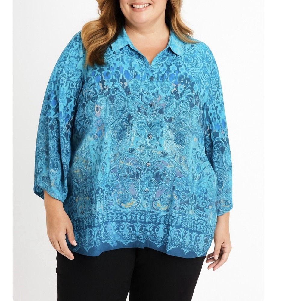 Catherines Aqua Paisley Button Up 3/4 Sleeve Timeless Blouse Size 5X